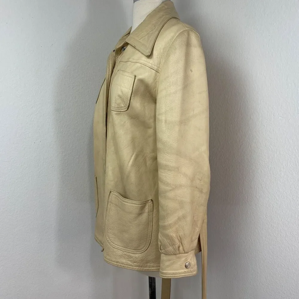 Vintage 70 New England Sportswear Trench Beige Leather Jacket 12 Snap Front Belt